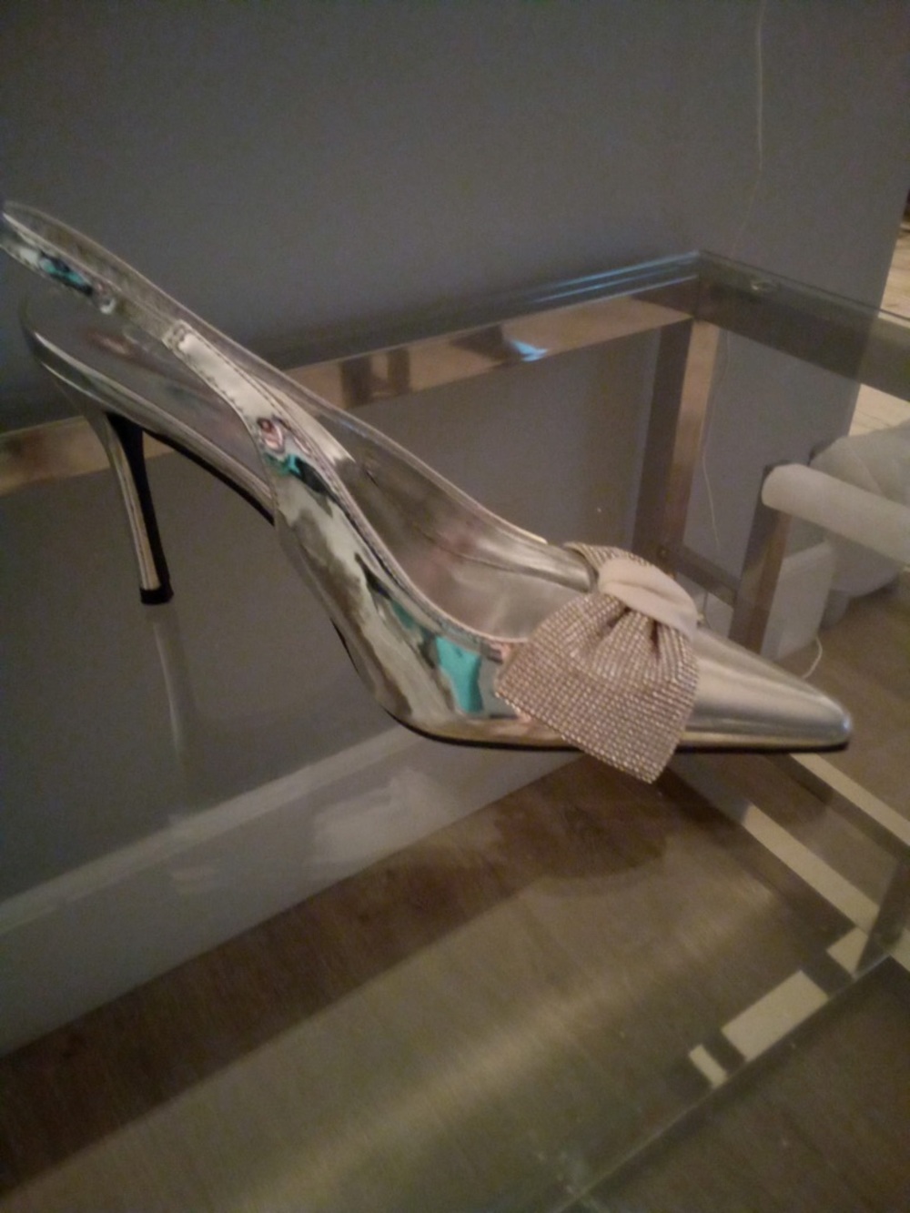 Silver Pointed-Toe Slingback Heels with Bow